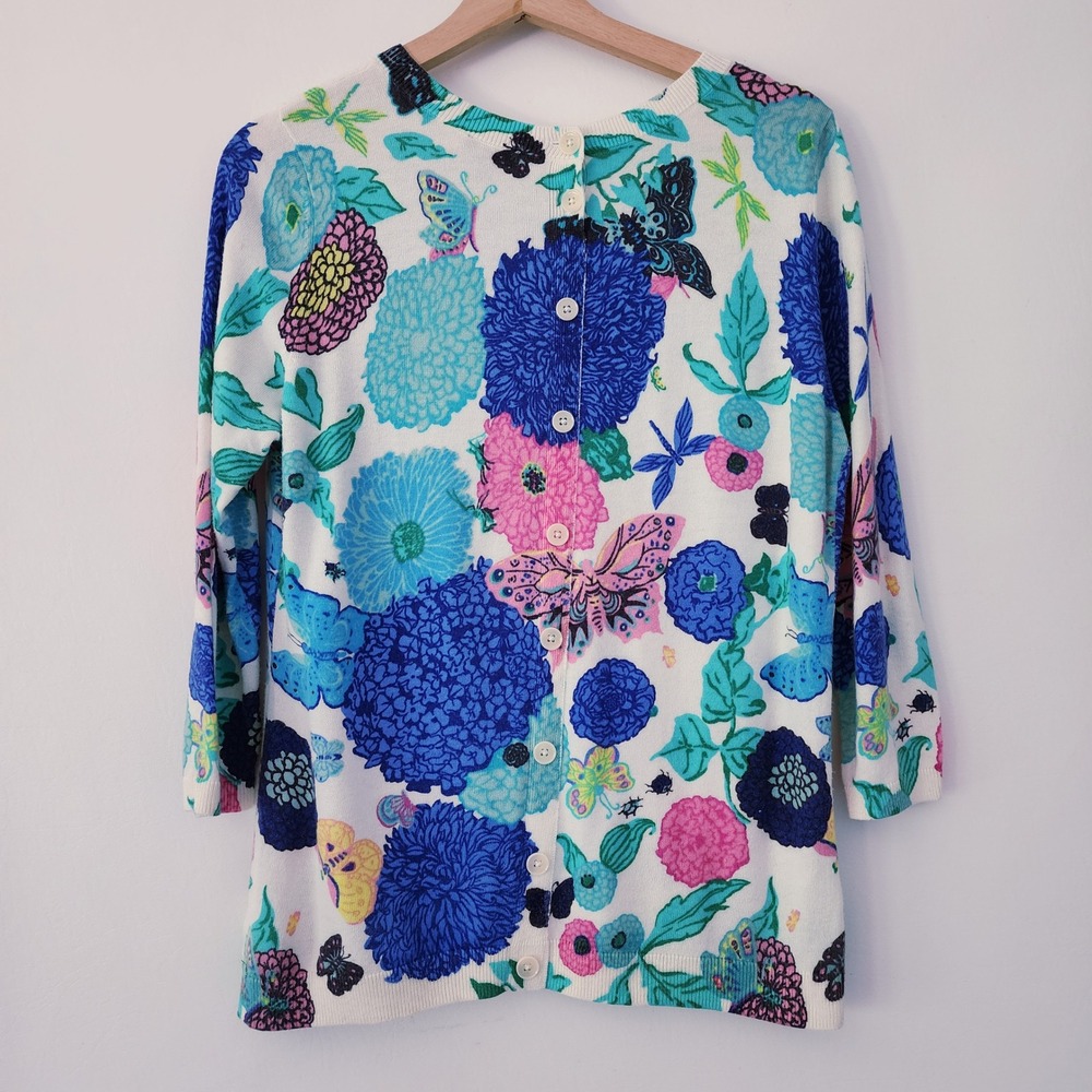 Talbots Petites Floral Butterfly Print 3/4 Sleeve Button Back Sweater Top MP - Picture 3 of 6